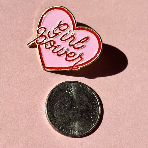 Pink Red Girl Power Feminist Heart Enamel Pin - Picture 3 of 5